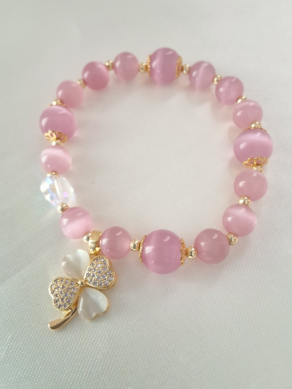 Pink Cat's Eye Clover Charm Stretch Bracelet